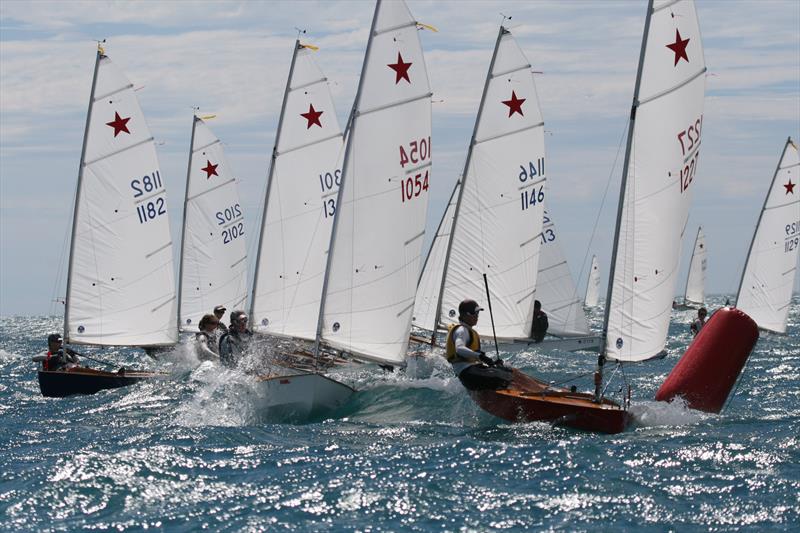 Starling Nationals, Napier 2011. Another very closely fought top mark rounding after the first windward beat with #1227 (Layton Hern), leading #1054 (Sam Herron), #1301 (Elise Beavis), #1146 (Charles Corston), #1182 (George Anyon) photo copyright Napier Sailing Club taken at  and featuring the Starling class