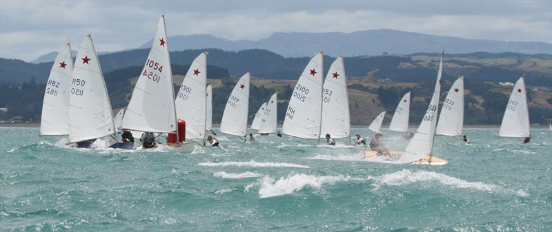 Starling Nationals, Napier 2011. #1146 (Charles Corston) followed by #1054 (Sam Herron), #1150 (Andrew McKenzie) and #1182 (George Anyon) lead the fleet around a bottom mark as a 30-knot-plus wind bullet smashes the front runners photo copyright Napier Sailing Club taken at  and featuring the Starling class
